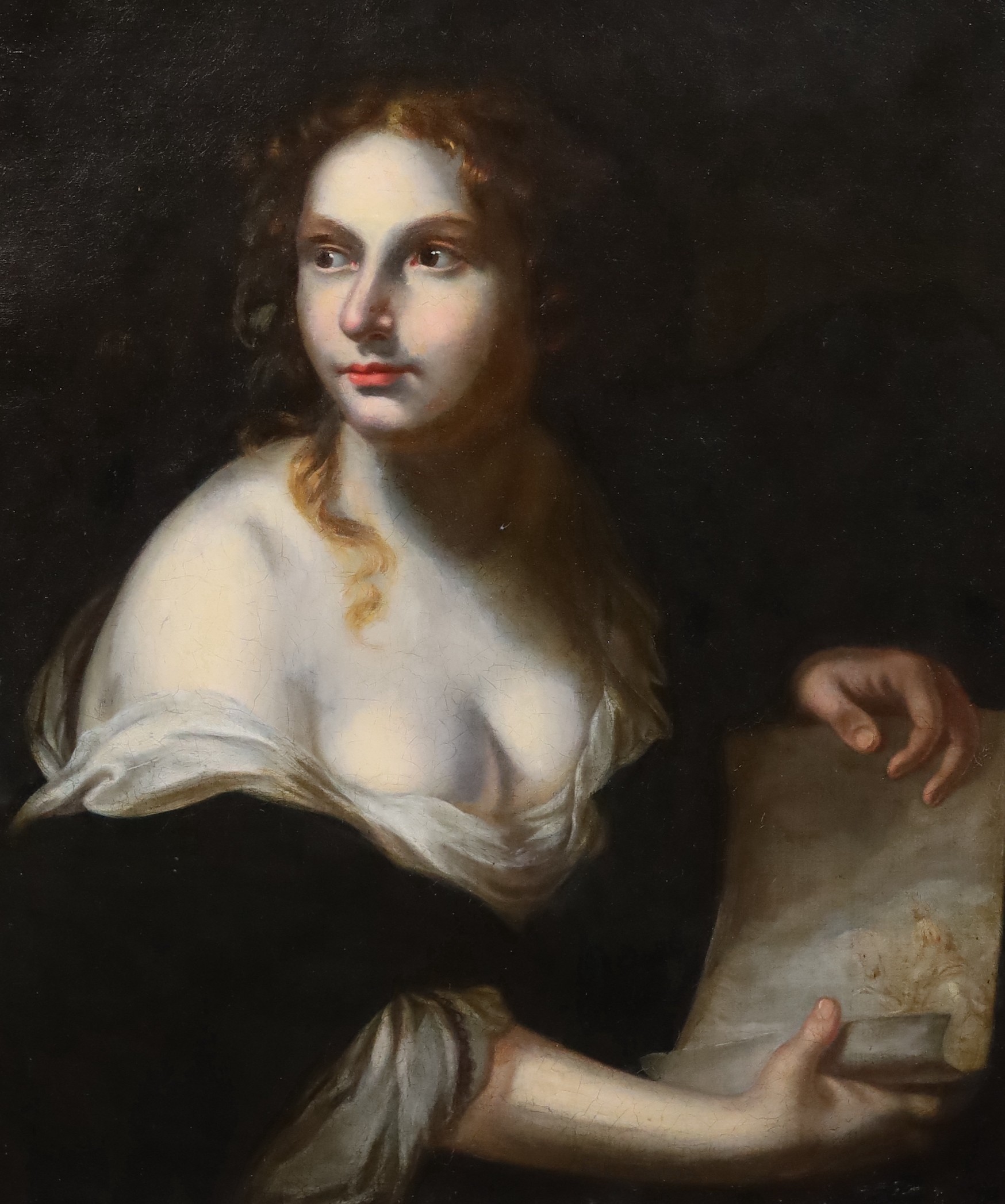 18th century English School , Portrait of a woman holding an Old Master drawing, oil on canvas, 74 x 61cm